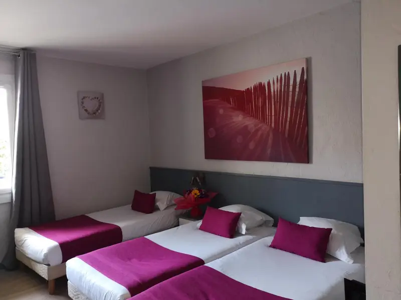 Une chambre avec deux lits simples et une couette rose.