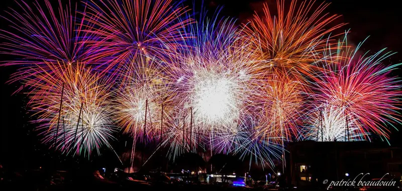 Spectacle de feux d'artifice illuminant le ciel nocturne.