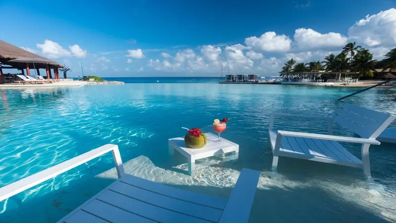 Transats blancs dans une piscine turquoise avec un cocktail à la noix de coco.