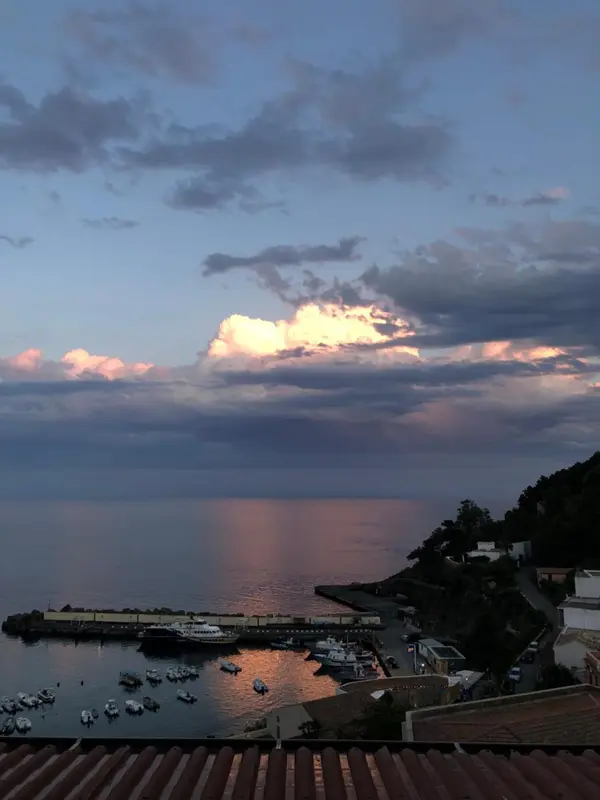 Vue d'un port de plaisance au coucher du soleil avec des bateaux amarrés.
