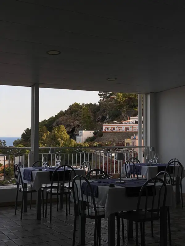 Une terrasse avec des tables dressées offre une vue sur la mer et la végétation.