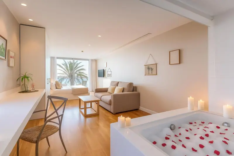 Espace de vie lumineux avec canapé, bureau et baignoire à remous.