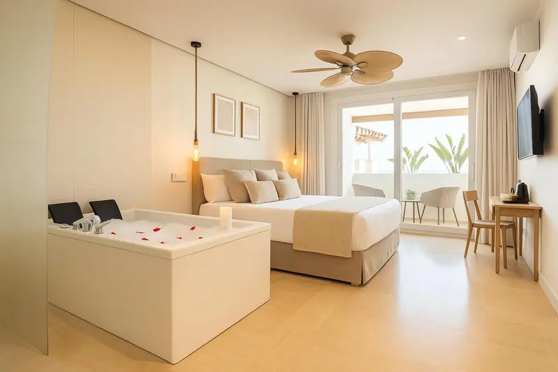 Une chambre lumineuse avec un grand lit et une baignoire à remous.