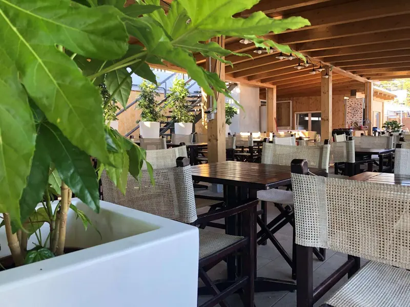 Terrasse ombragée avec tables et chaises en osier.