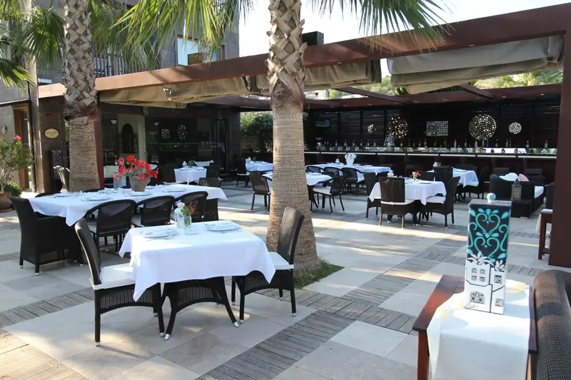 Terrasse ombragée avec tables dressées pour un repas en extérieur.