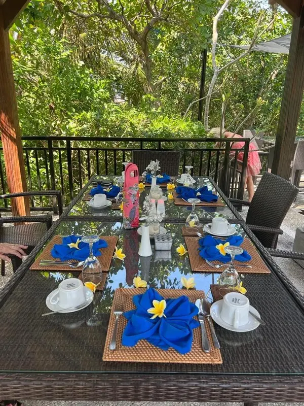 Une table dressée pour un repas en extérieur, décorée de fleurs bleues.