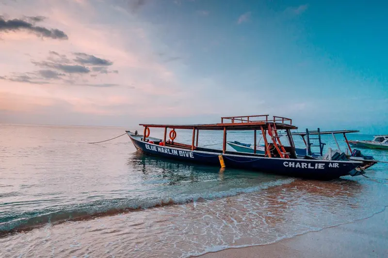 Un bateau de pêche traditionnel échoué sur une plage au crépuscule.