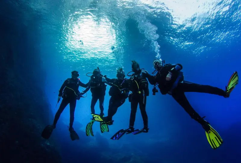 Groupe de plongeurs explorant un environnement sous-marin bleu et lumineux.