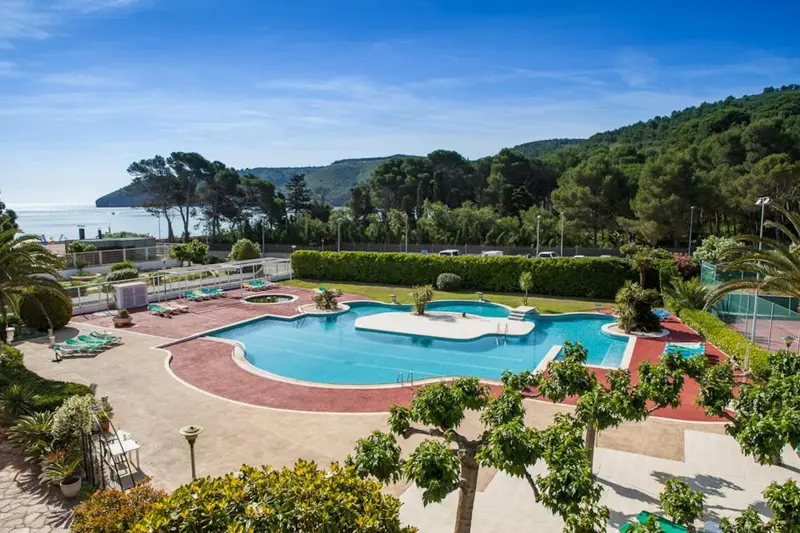 Vue aérienne d'une piscine entourée d'un jardin verdoyant et d'une terrasse.