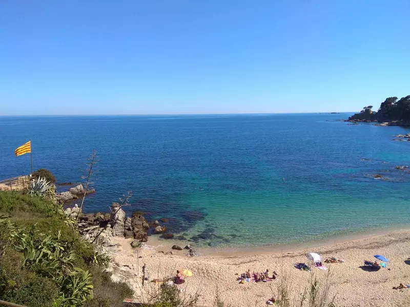 Une plage de sable fin bordée d'une eau turquoise sous un ciel bleu.