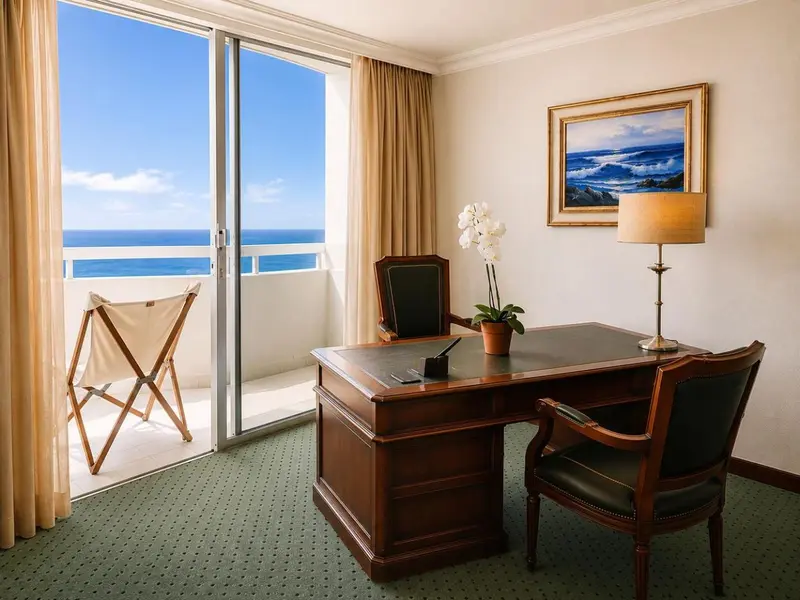 Une chambre lumineuse avec un bureau et un accès à un balcon donnant sur la mer.