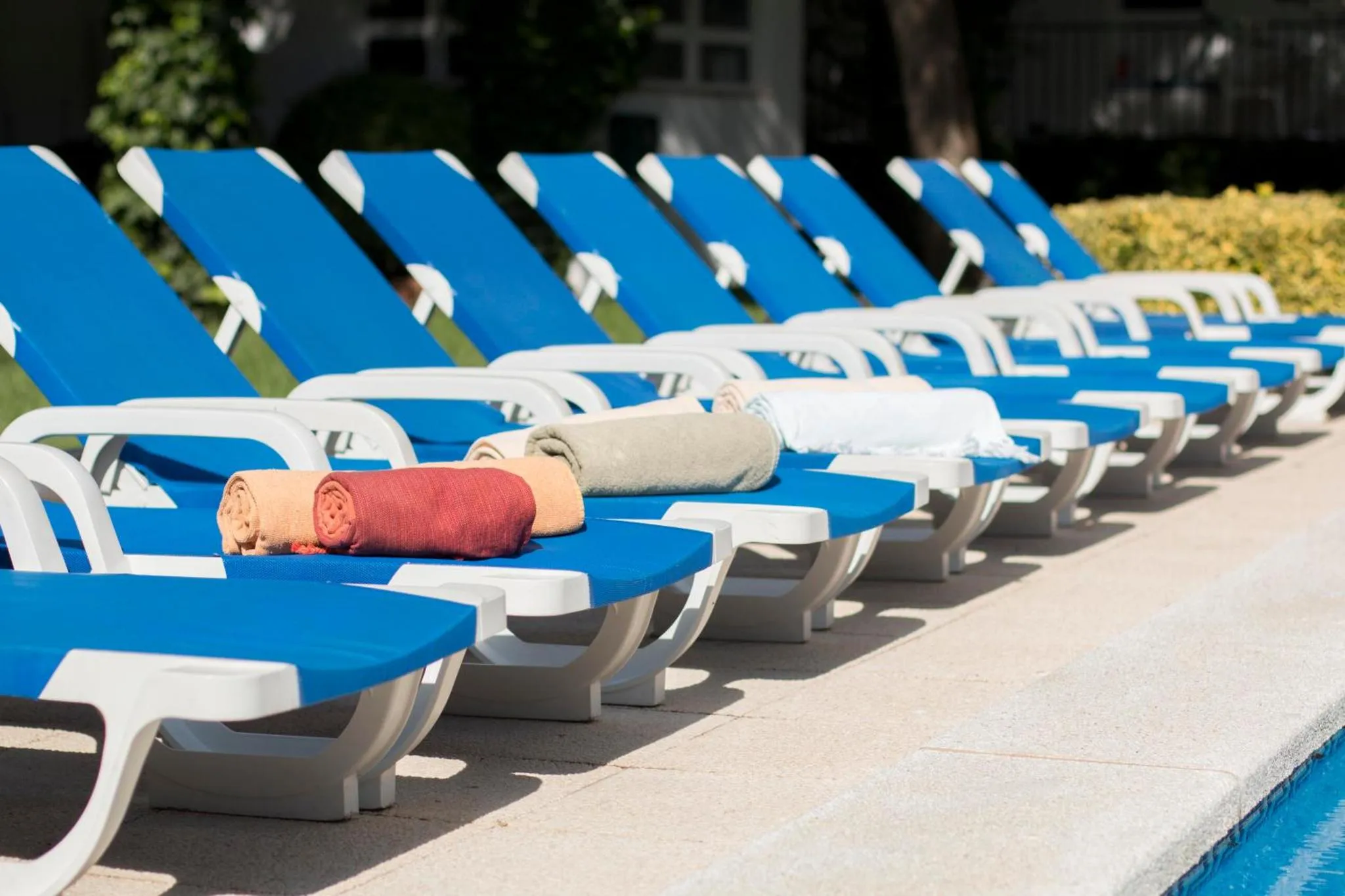 Transats bleus alignés au bord d'une piscine ensoleillée.