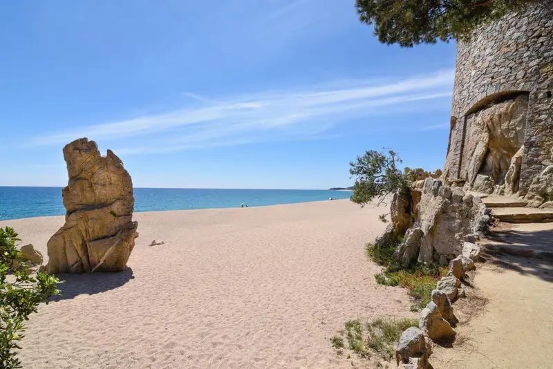 Plage de sable fin bordée de rochers et de végétation côtière sous un ciel bleu.
