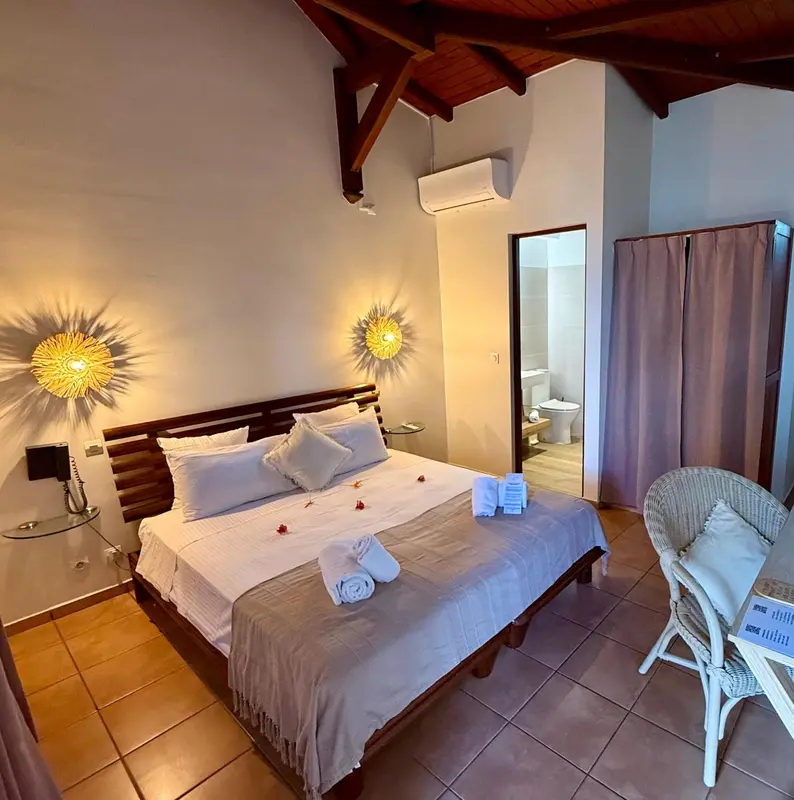 Une chambre lumineuse avec un lit double décoré de fleurs et de coussins.