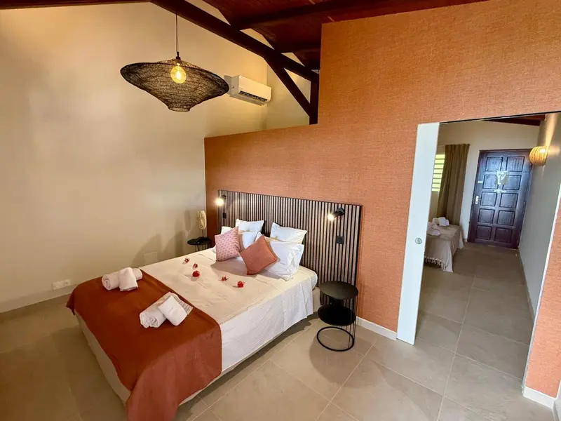 Une chambre lumineuse avec un grand lit décoré de pétales de fleurs.