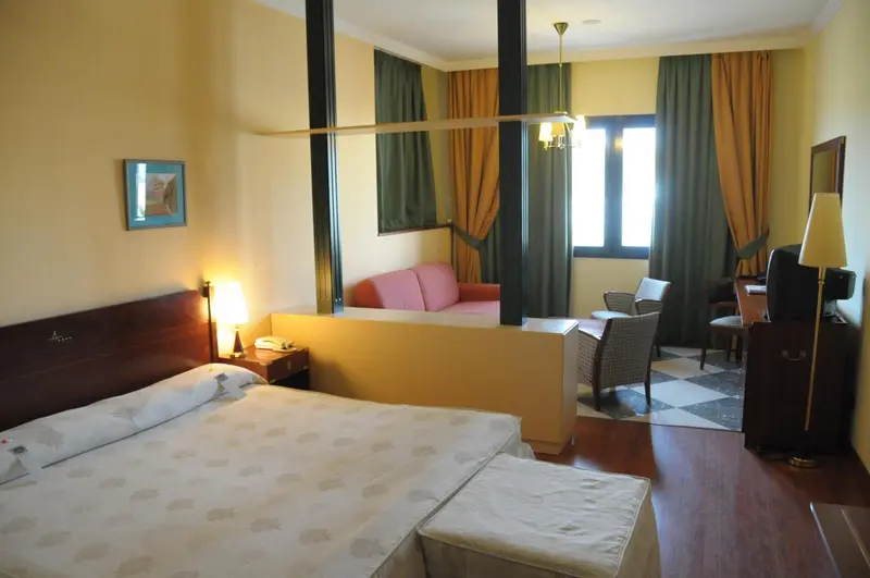 Une chambre lumineuse avec un lit et un espace salon.