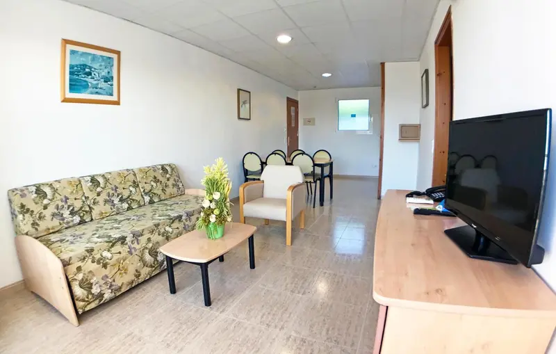Espace de séjour lumineux avec canapé, fauteuils et télévision.