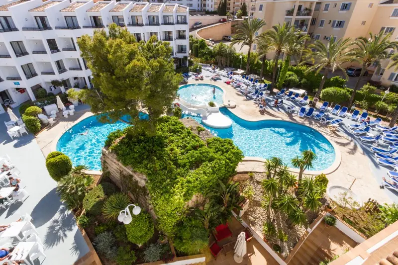 Vue aérienne d'une piscine entourée de transats et de végétation.