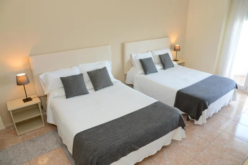 Une chambre lumineuse avec deux lits simples et des oreillers gris.