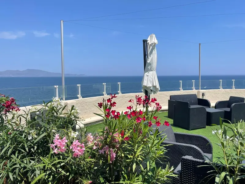 Terrasse fleurie avec mobilier d'extérieur et vue sur la mer.