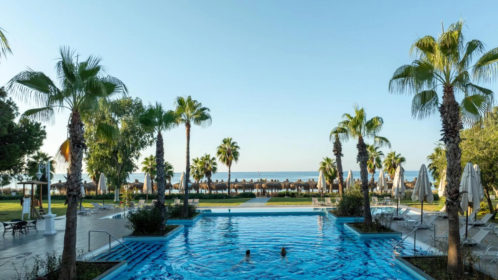Une piscine rectangulaire bordée de transats et de palmiers, avec la mer en arrière-plan.