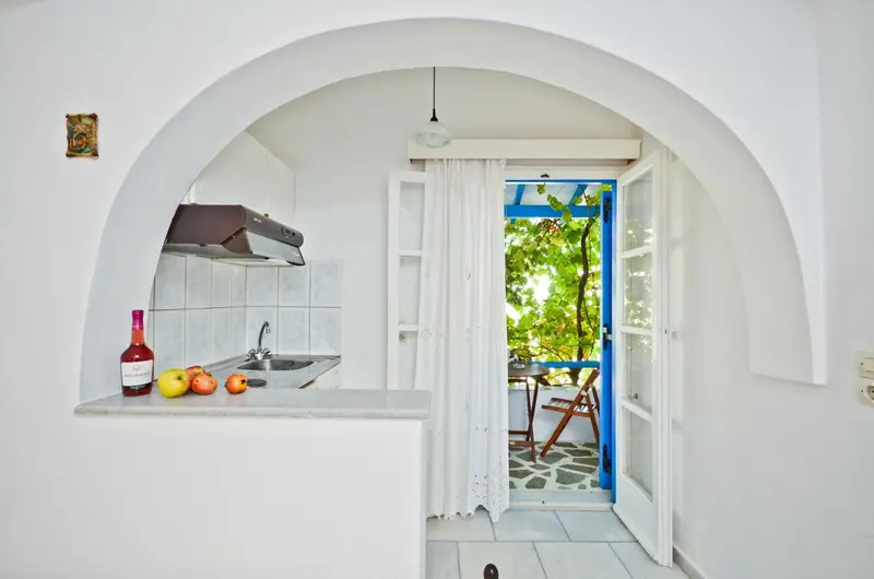 Une kitchenette lumineuse s'ouvre sur une terrasse ombragée.
