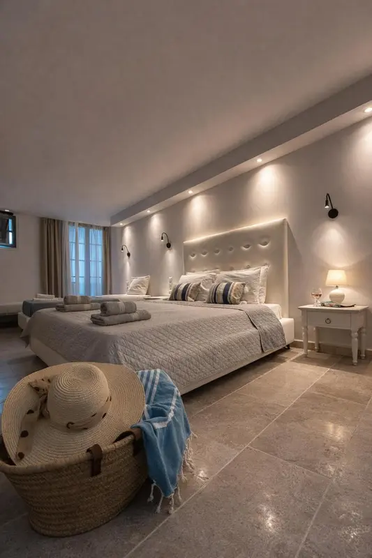 Une chambre lumineuse avec un grand lit et un chapeau de paille sur un panier en osier.