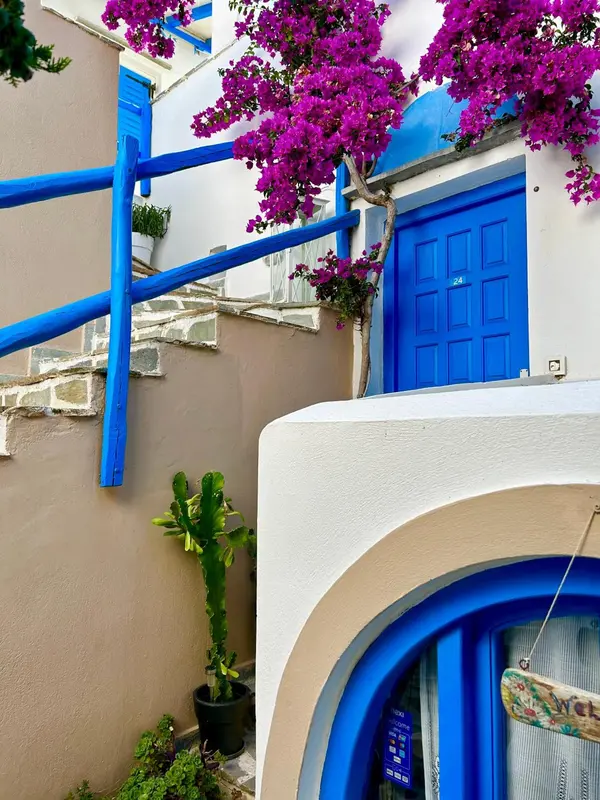 Façade d'un bâtiment aux murs clairs et aux éléments bleus, agrémentée de fleurs.