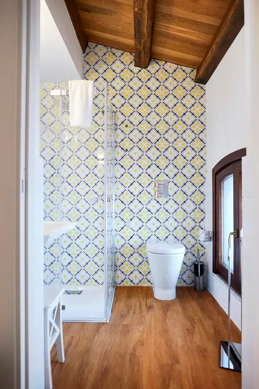 Une salle de bain lumineuse avec une douche à l'italienne et des carreaux décoratifs.