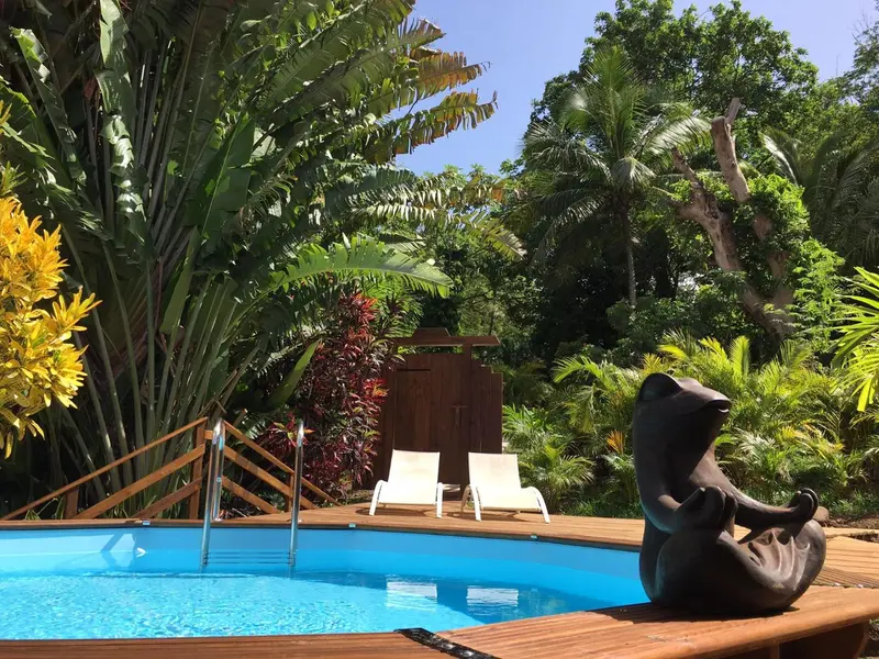 Deux transats sont placés au bord d'une piscine turquoise entourée de végétation tropicale.