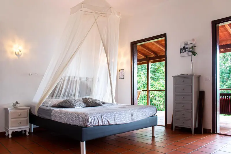 Une chambre lumineuse avec un lit à baldaquin et une vue sur la végétation.