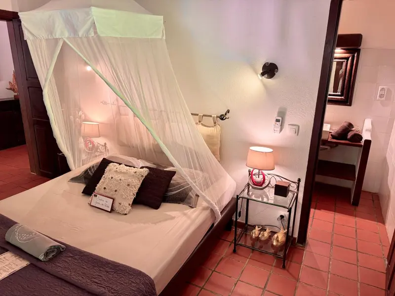 Une chambre avec un lit à baldaquin et une table de chevet.