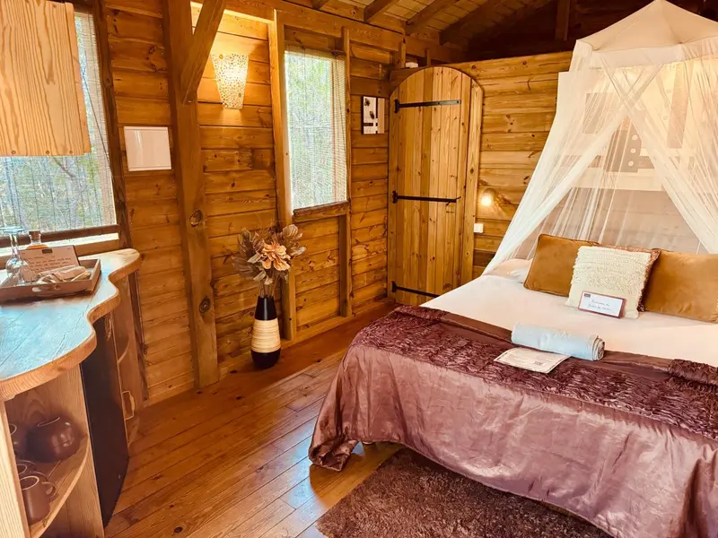 Une chambre chaleureuse en bois avec un lit recouvert d'une moustiquaire.