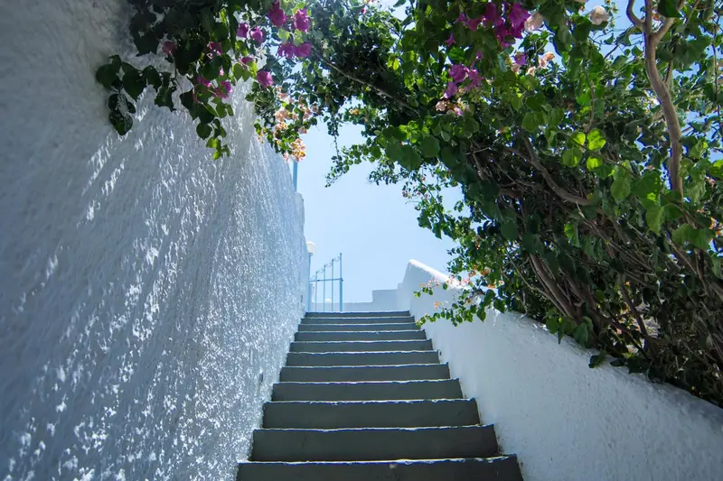 Un escalier en pierre mène vers le ciel bleu, encadré par des murs blancs et une végétation luxuriante.