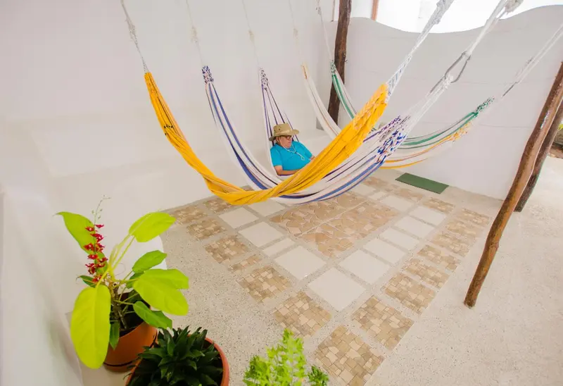 Espace de détente avec plusieurs hamacs colorés sous une structure en bois.