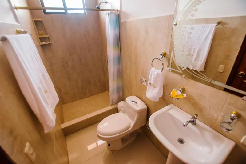 Une salle de bain lumineuse avec douche, lavabo et toilettes.