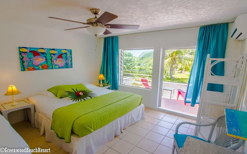 Une chambre lumineuse avec un lit recouvert d'un plaid vert vif et une vue sur une végétation tropicale.
