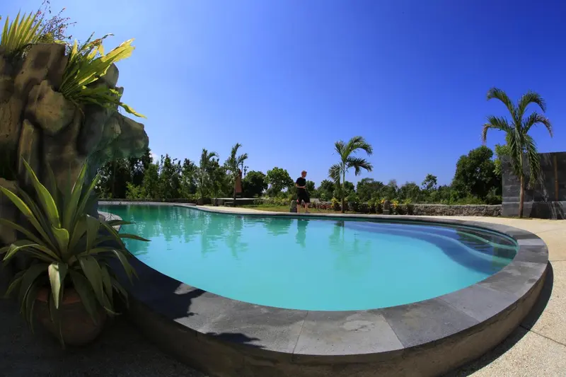 Une piscine turquoise bordée d'une terrasse ensoleillée et de végétation tropicale.