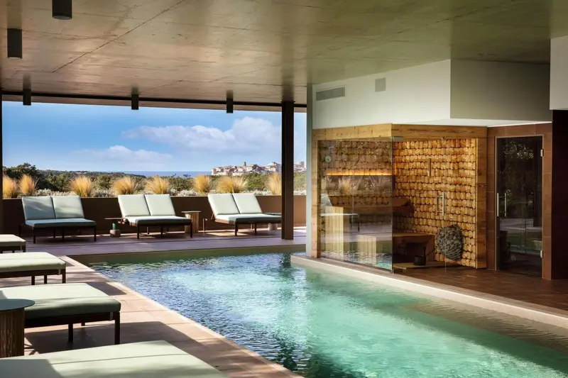 Terrasse avec piscine et mobilier de détente face à un paysage côtier.