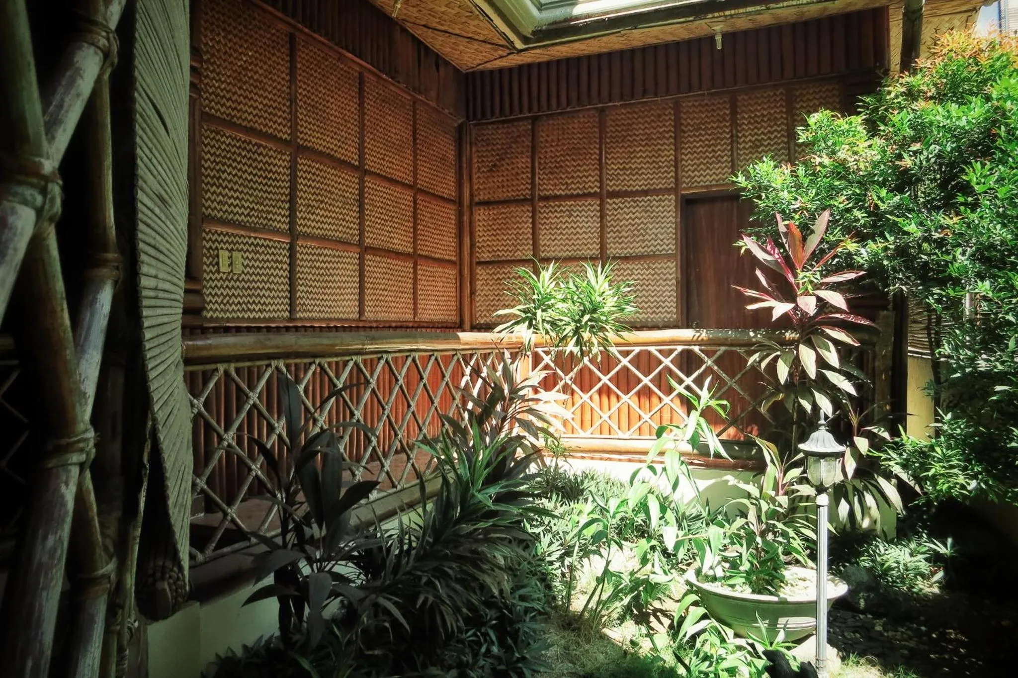 Un espace extérieur ombragé avec des plantes et une rambarde en bois.