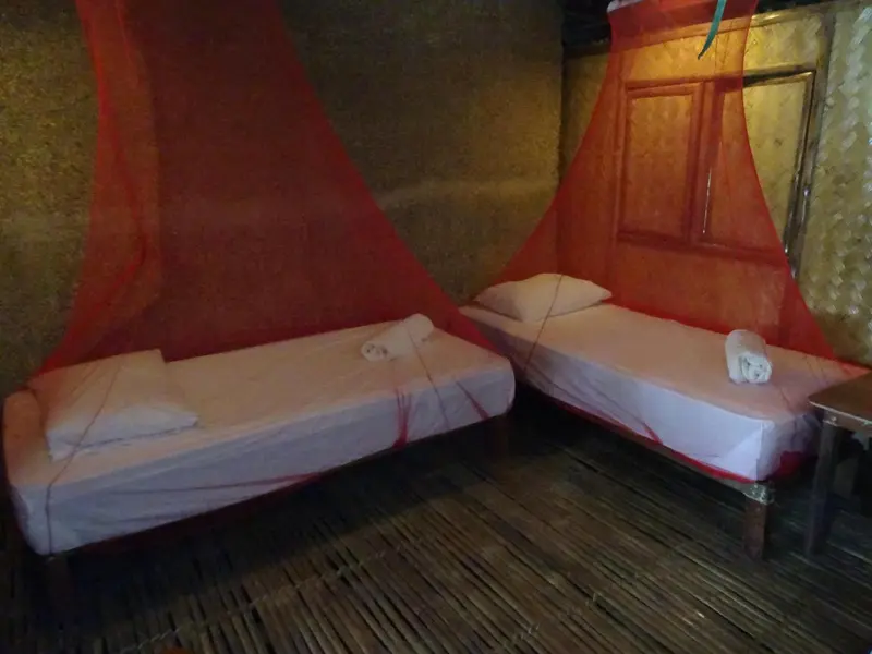 Deux lits simples avec moustiquaires dans une chambre rustique.