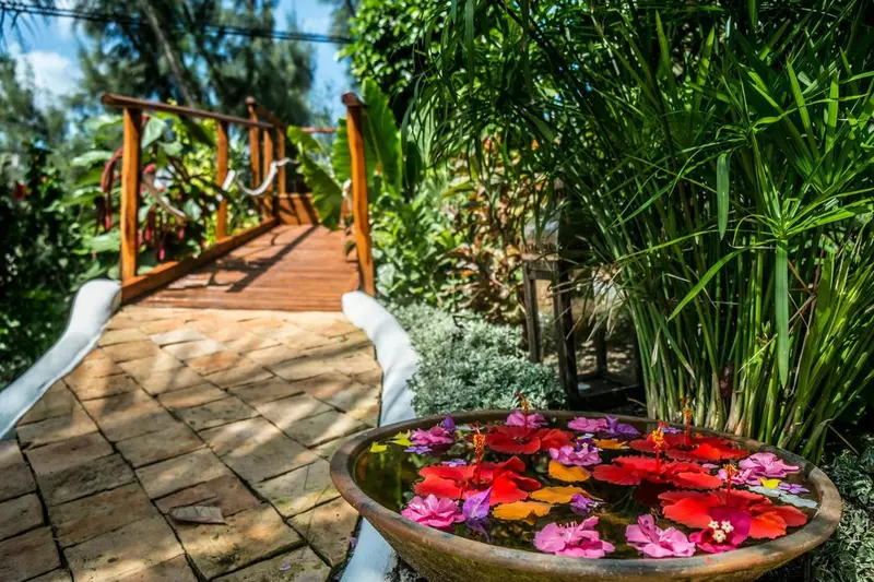 Un pont en bois traverse un jardin luxuriant avec une fontaine ornée de fleurs.