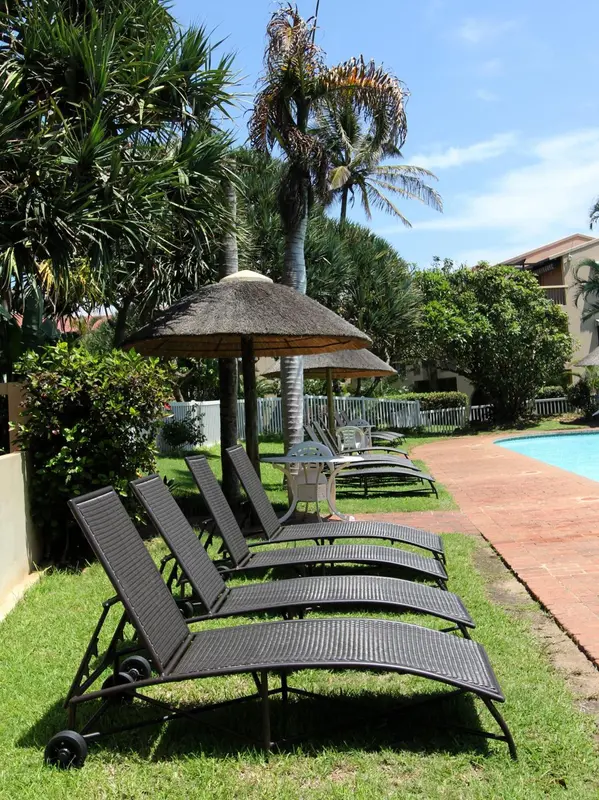 Transats alignés sur une pelouse verdoyante près d'une piscine.