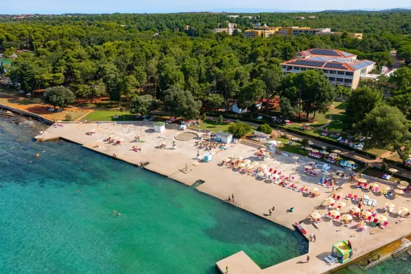 Vue aérienne d'une plage ensoleillée bordée de pins et d'un bâtiment.