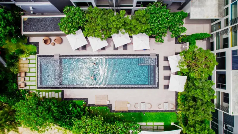 Vue aérienne d'une piscine rectangulaire entourée de chaises longues et de végétation luxuriante.
