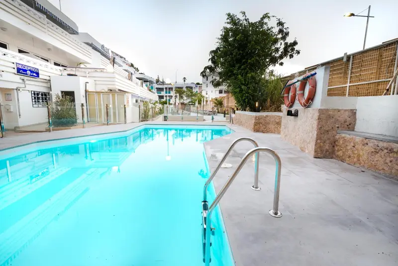 Piscine rectangulaire turquoise avec escalier d'immersion et végétation environnante.