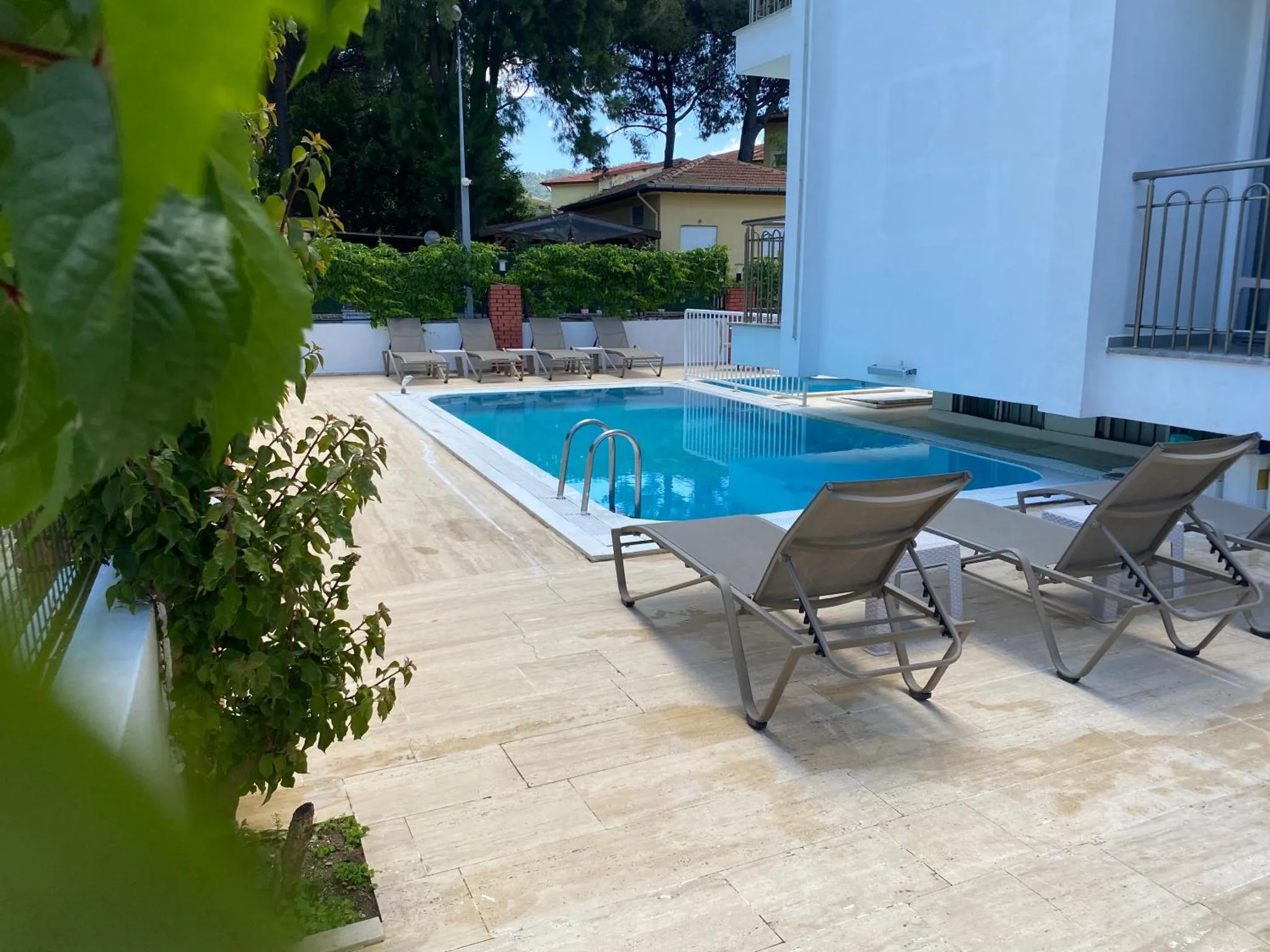 Transats alignés au bord d'une piscine rectangulaire dans un espace extérieur aménagé.