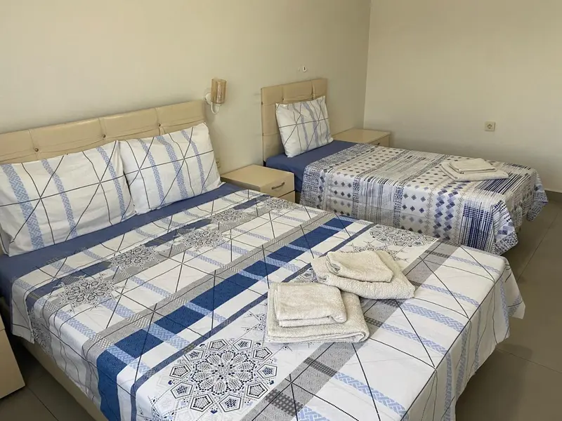 Une chambre avec deux lits recouverts de couvertures à motifs.