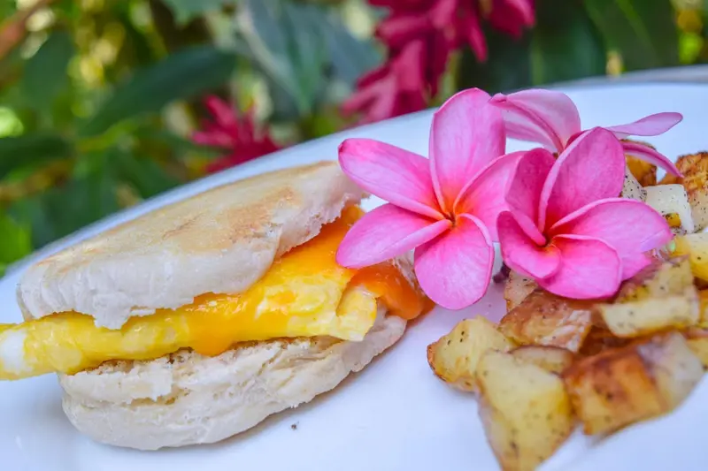 Un sandwich au fromage et aux œufs est servi avec des pommes de terre rissolées et décoré de fleurs roses.