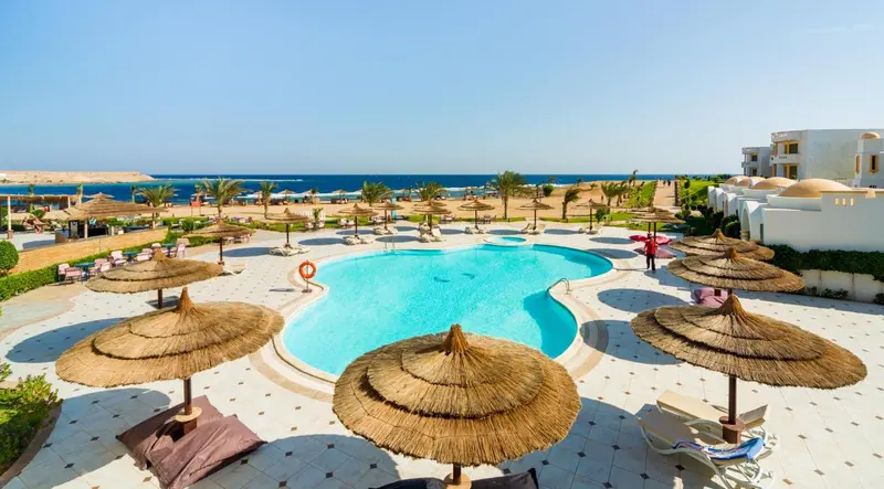 Vue aérienne d'une piscine bordée de transats et de parasols en chaume, avec la mer en arrière-plan.